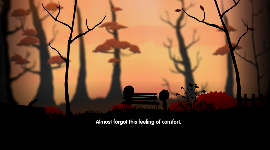 Picture from the video game Glitch showing a hazy sunset scene in autumn; in the foreground are two glitchen sprites in silhoette. One is sitting on a bench, and the other is standing at the edge of it. Text reads: Almost forgot this feeling of comfort.