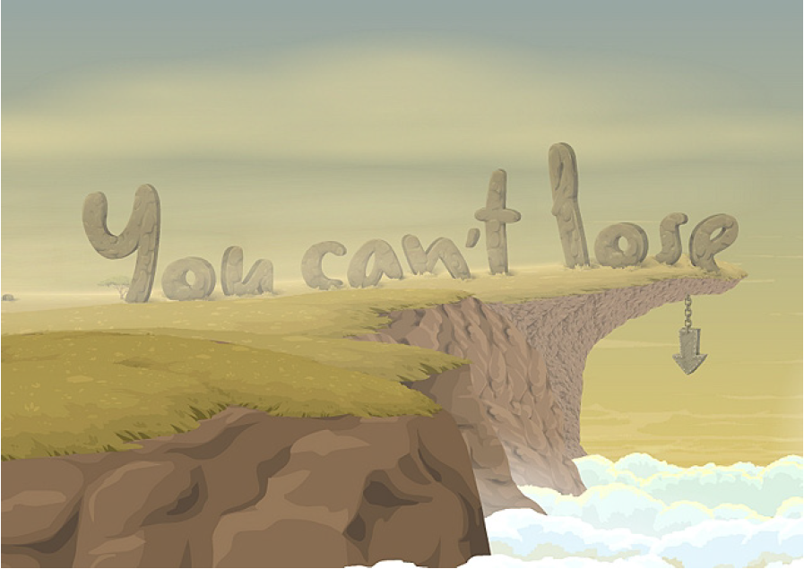 Video game image - A hazy sunny day at a mountain cliff, with the words You Can't Lose going to the very edge of the cliff and a stone arrow hanging down, pointing at the clouds below.